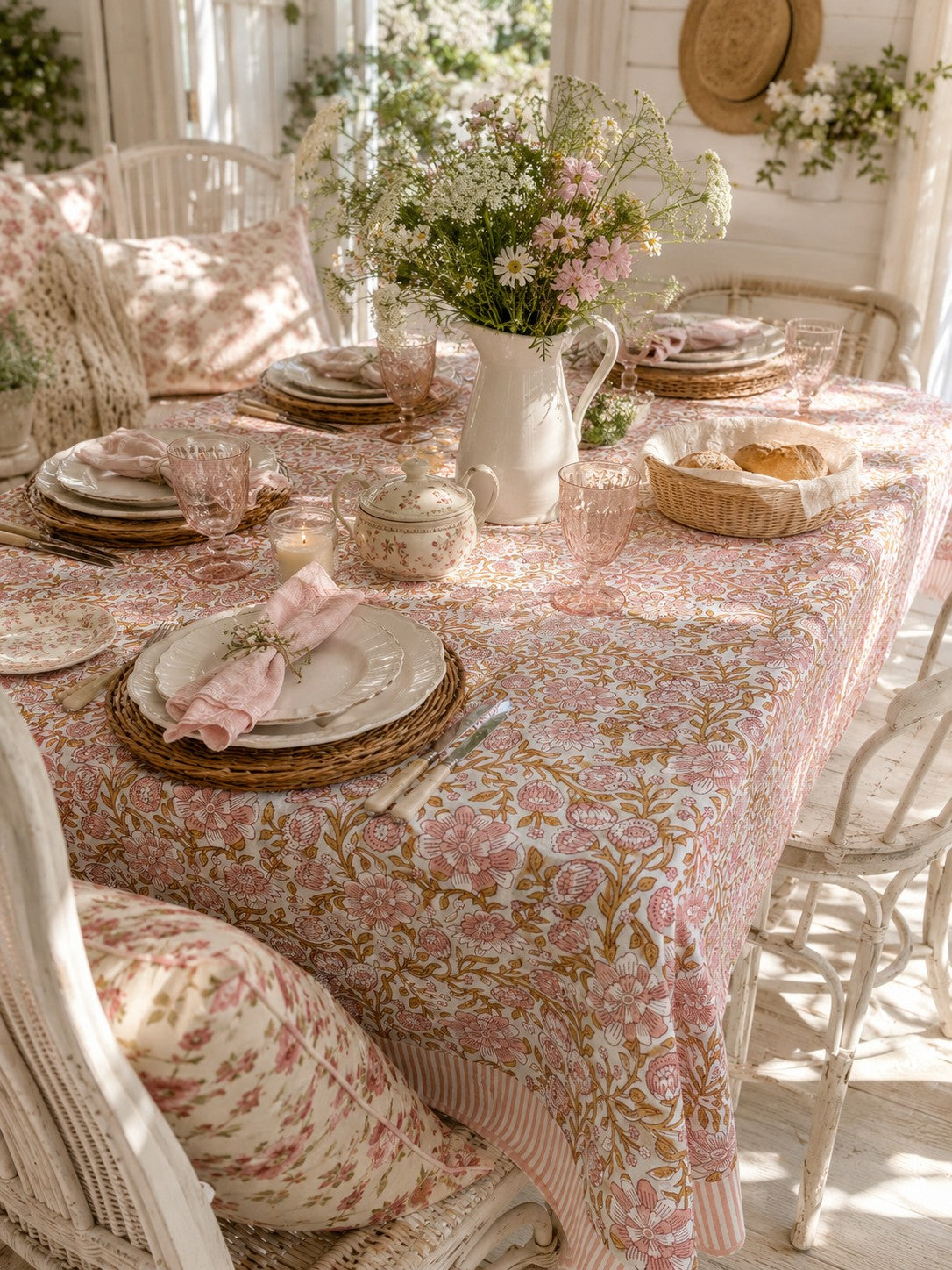Ivy Floral Tablecloth – Hand Block Printed, 100% Cotton, Pink & Sage