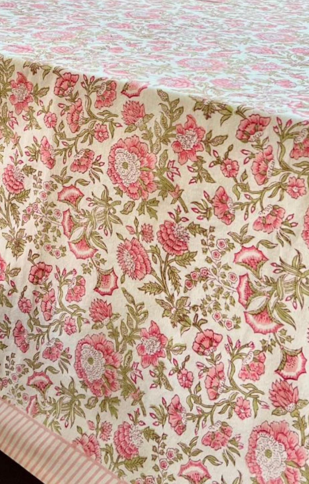 Ivy Floral Tablecloth – Hand Block Printed, 100% Cotton, Pink & Sage