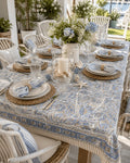 Maddi Floral Tablecloth – Hand Block Printed, 100% Cotton, Blue & Natural