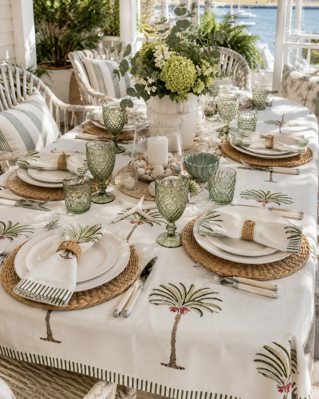 Palm Cove Tablecloth – Hand Block Printed, 100% Cotton, Tropical Palm Print