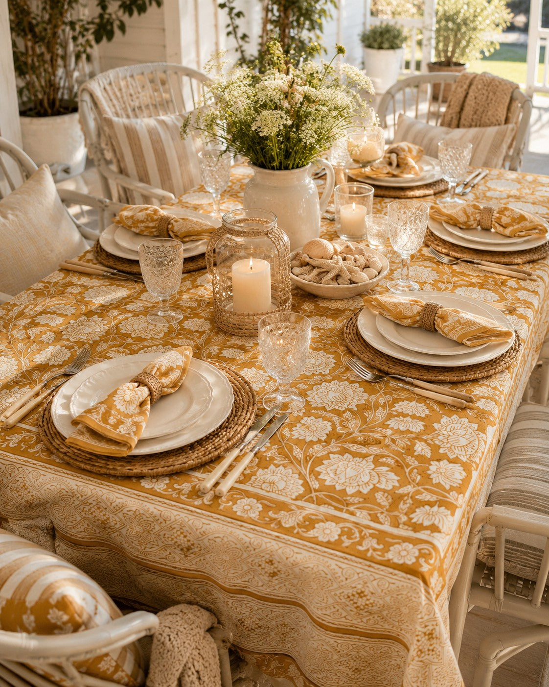 Golden Heritage Tablecloth – Hand Printed, 100% Cotton, Warm Gold & Ivory