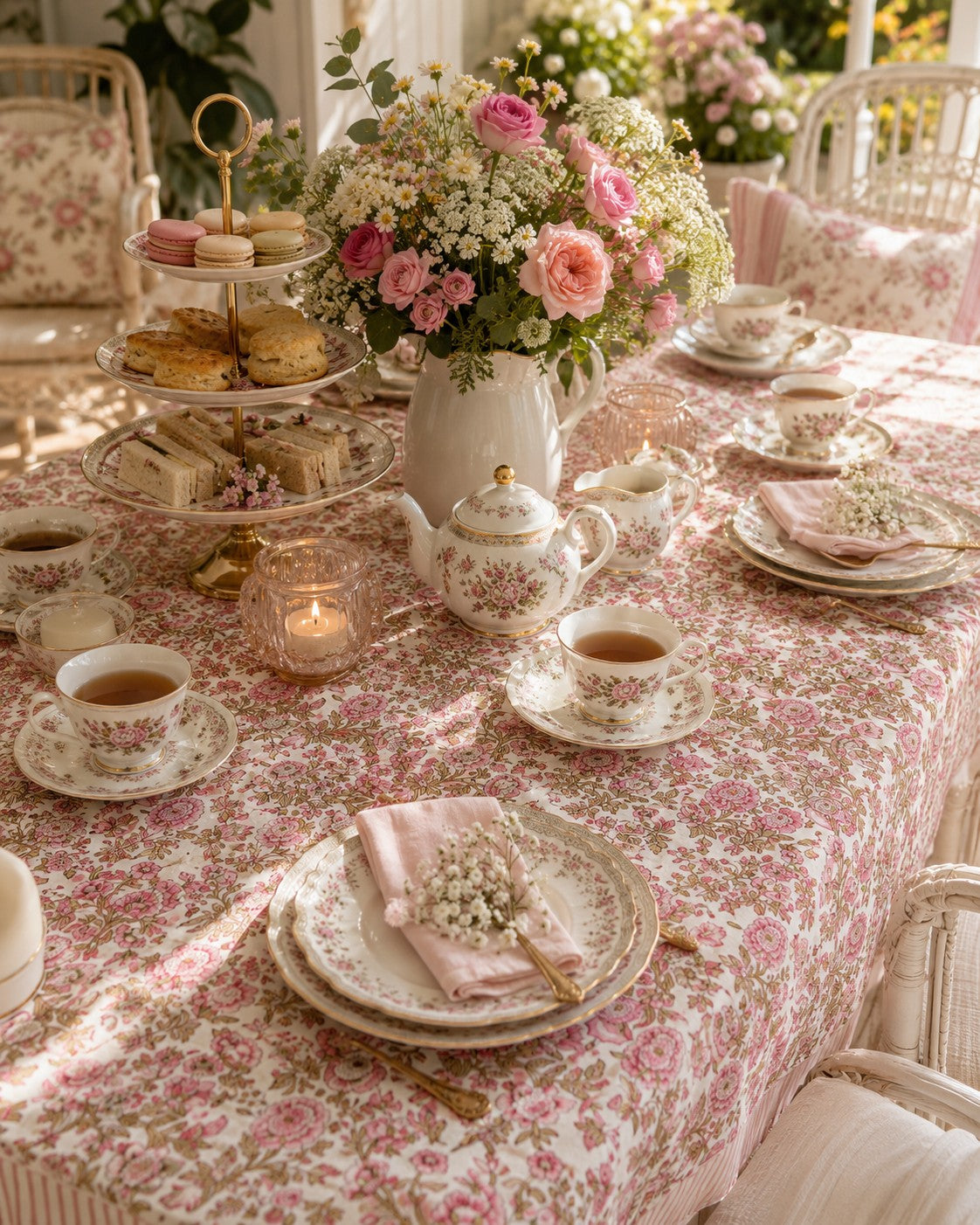 Ivy Floral Tablecloth – Hand Block Printed, 100% Cotton, Pink & Sage