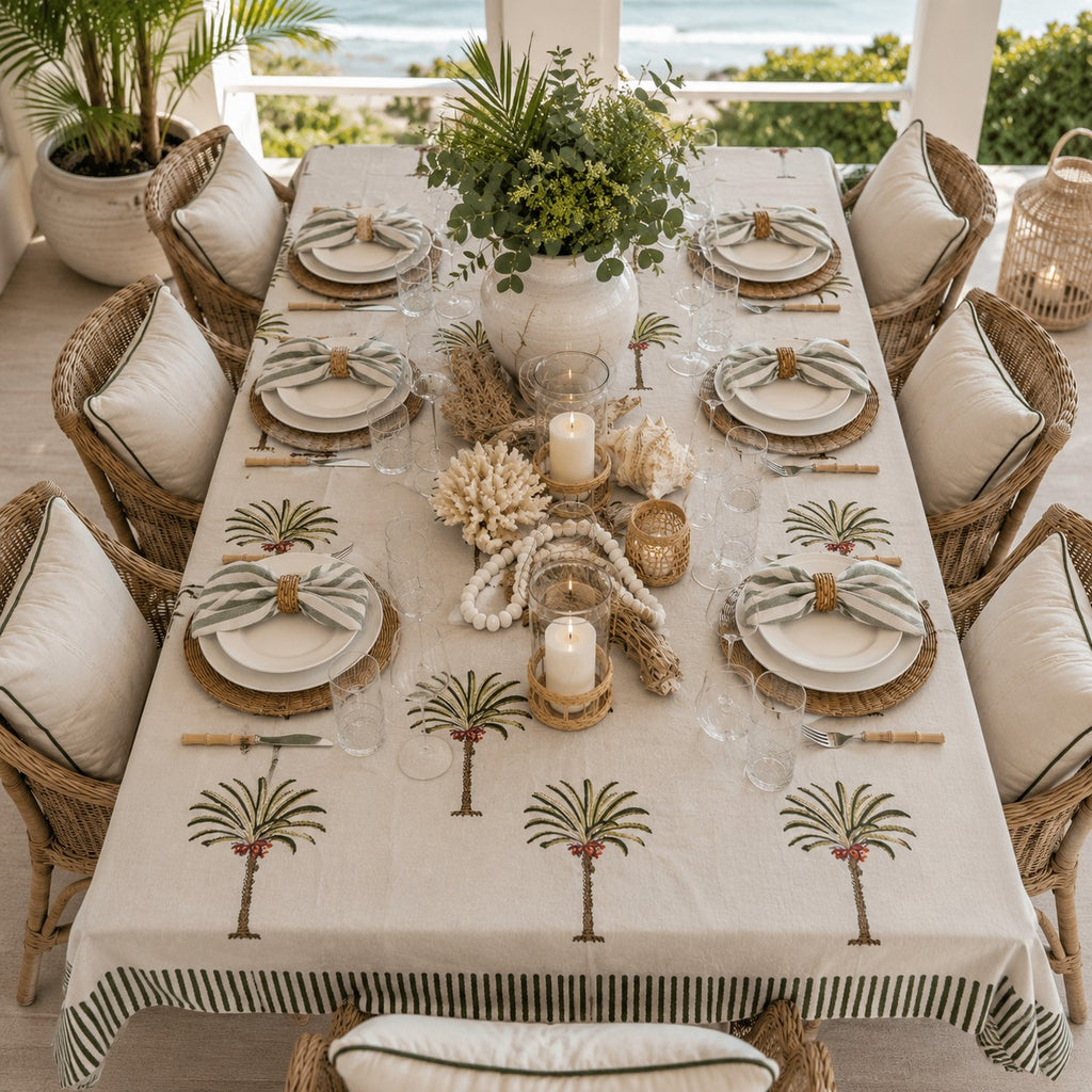 Palm Cove Tablecloth – Hand Block Printed, 100% Cotton, Tropical Palm Print