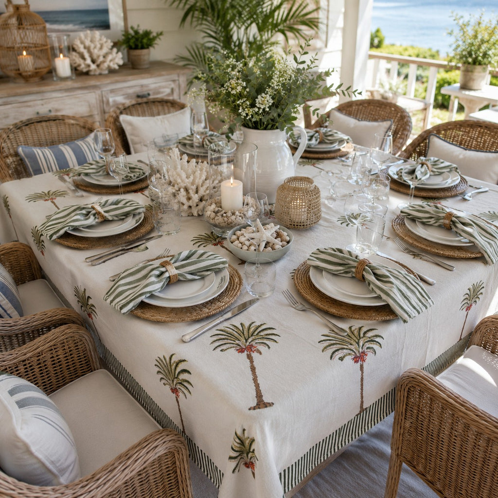 Palm Cove Tablecloth – Hand Block Printed, 100% Cotton, Tropical Palm Print
